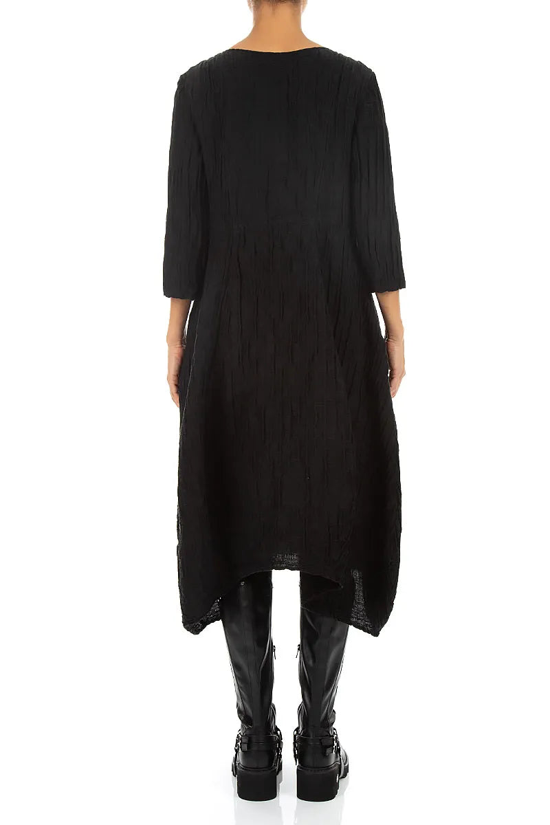 Flared Black Crinkled Silk Linen Dress 2