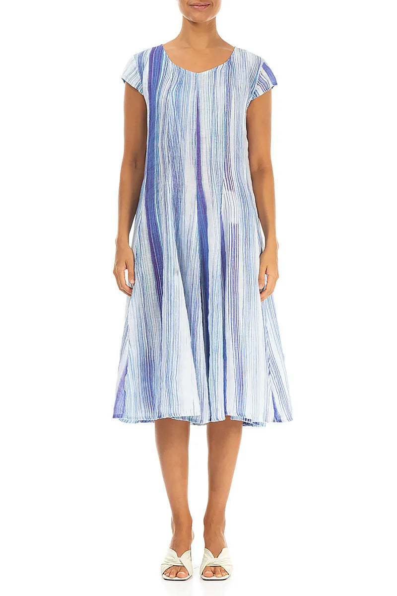 Robe évasée en lin rayé bleu délavé