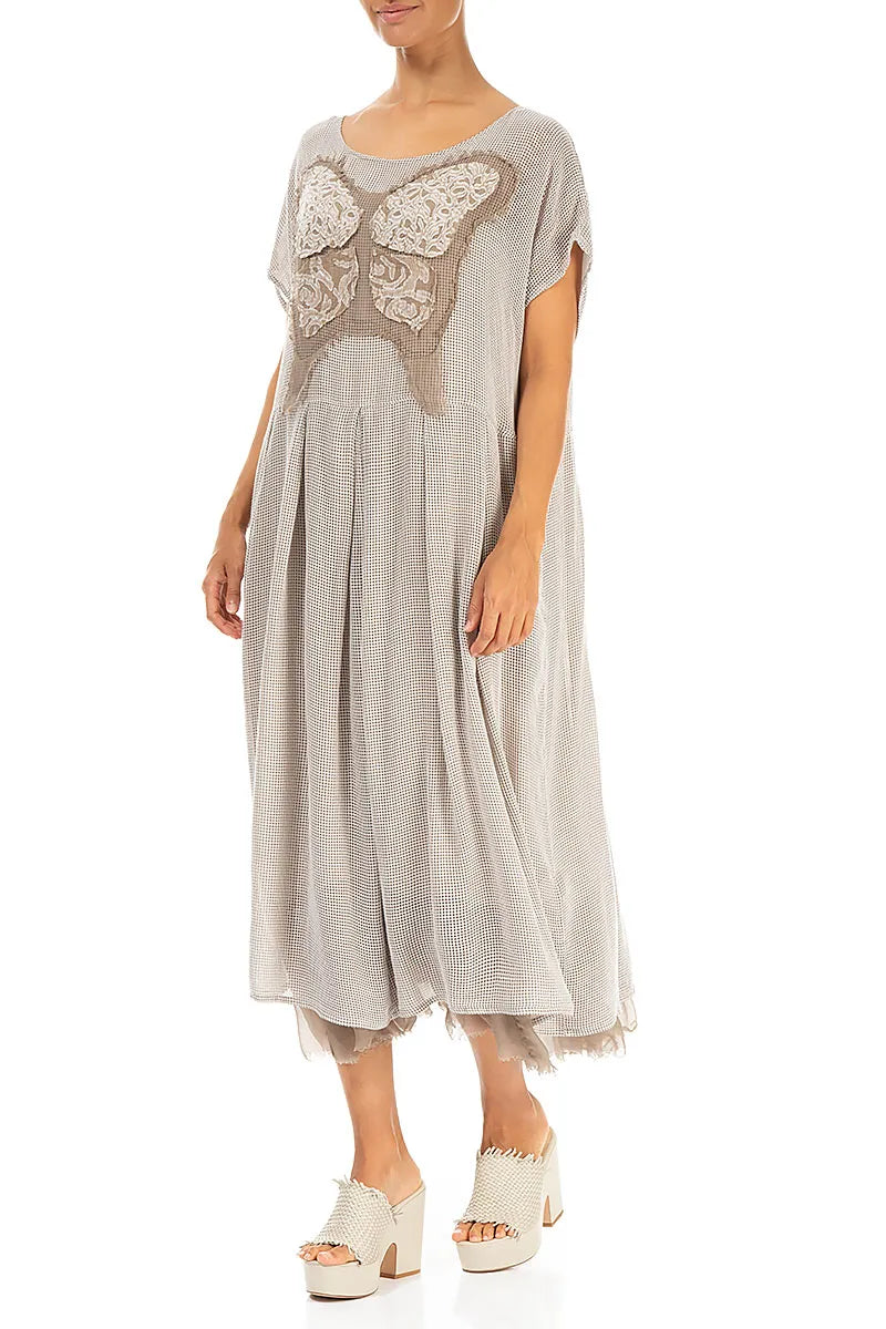 Flared Butterfly Beige Mesh Silk Dress 3