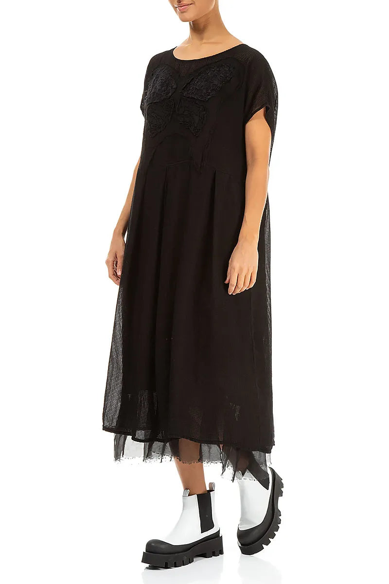 Flared Butterfly Black Mesh Silk Dress