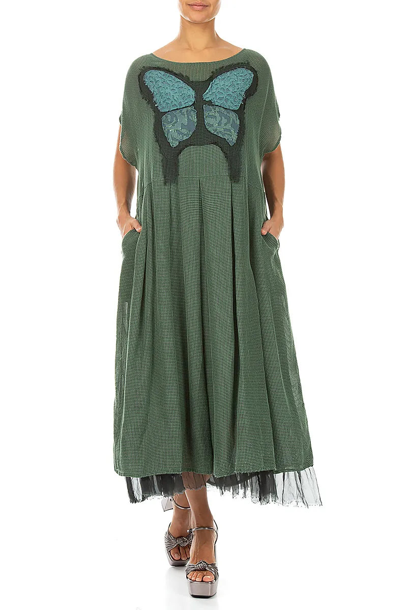 Flared Butterfly Sage Mesh Silk Dress