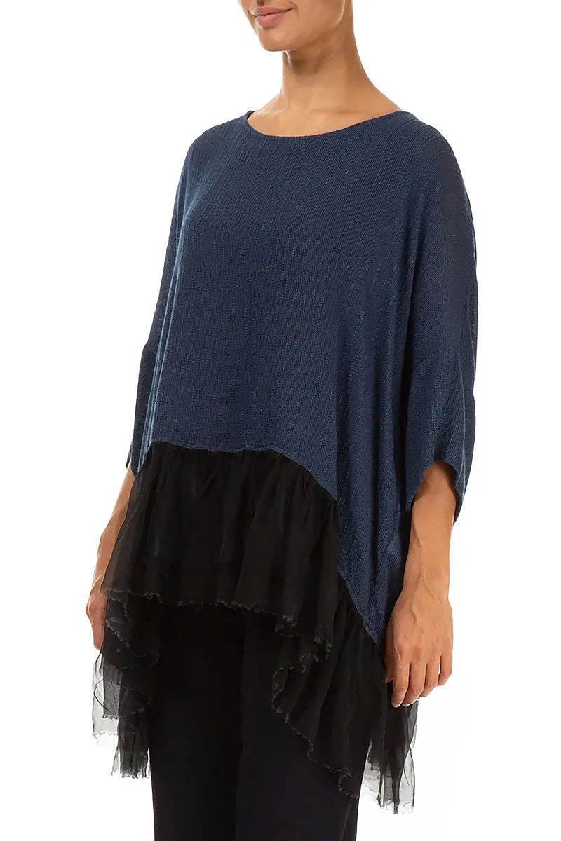Flared Chiffon Hem Slate Blue Silk Blouse 3