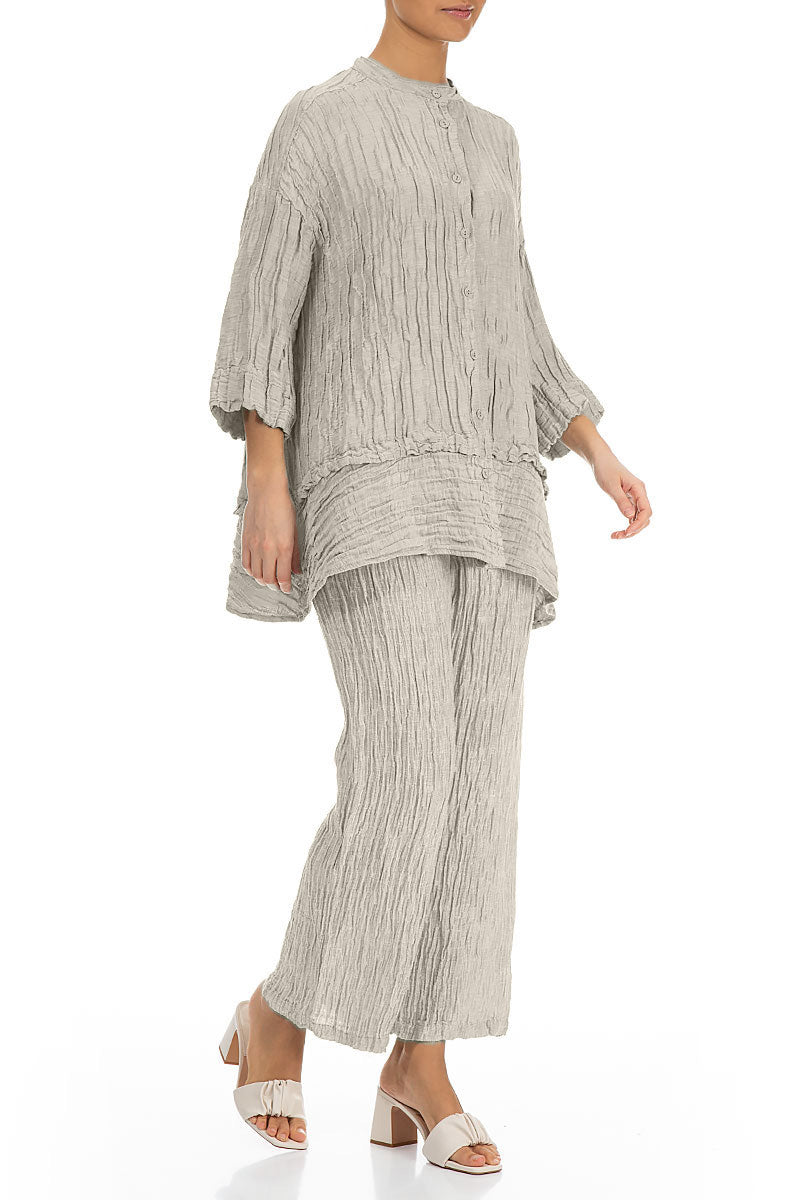 Flared Crinkled Beige Silk Shirt 4