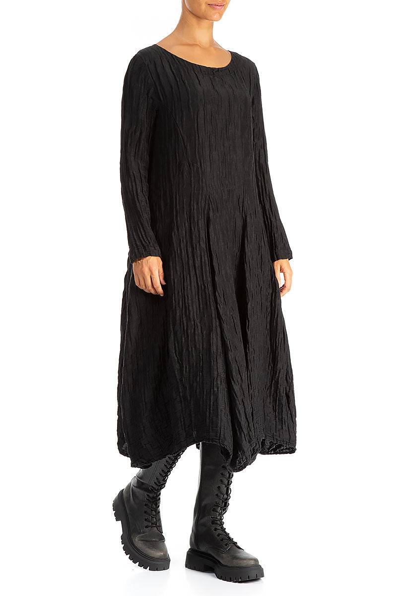 Flared Crinkled Black Silk Linen Dress 3
