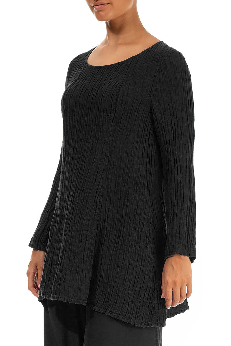 Flared Crinkled Black Silk Tunic 3
