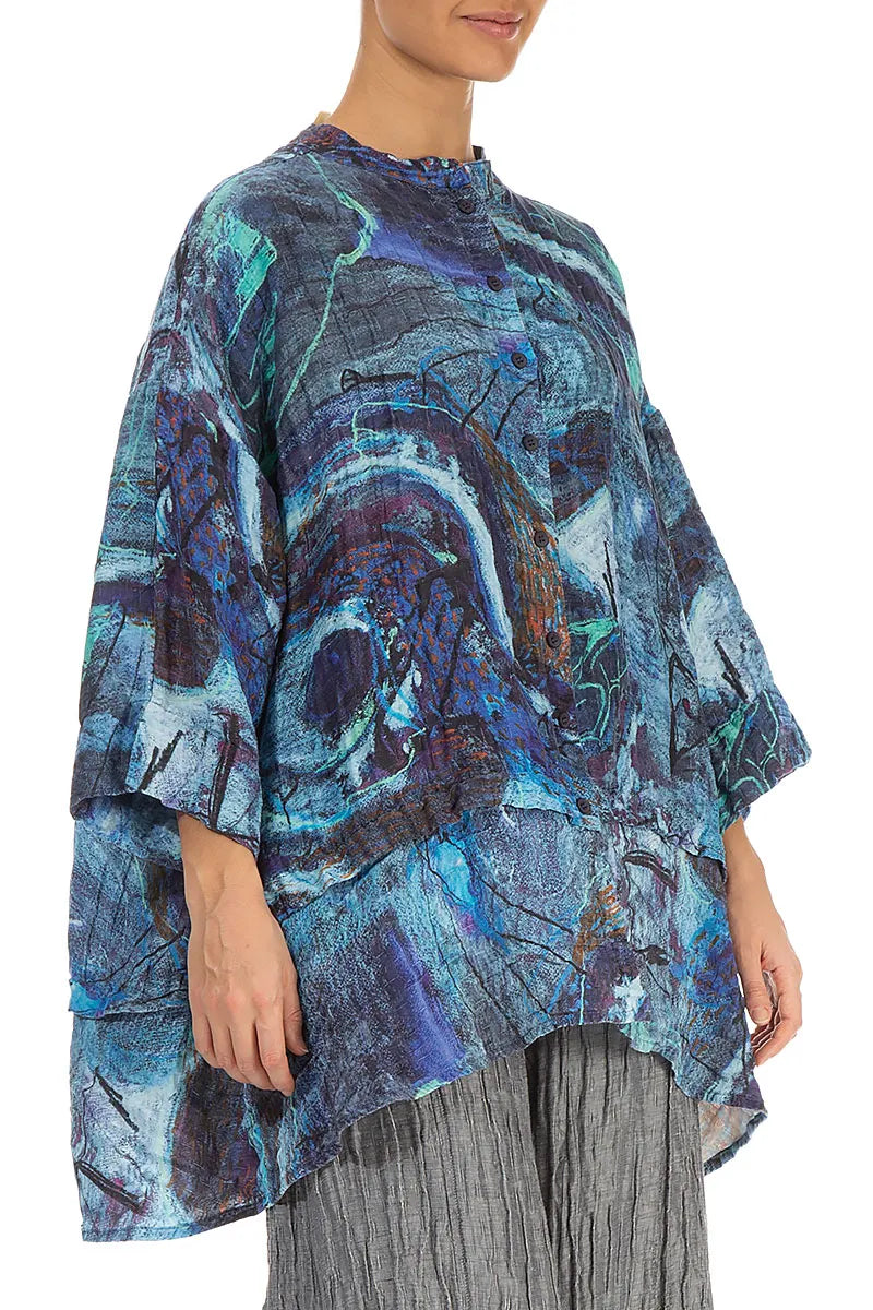 Flared Crinkled Blue Reverie Silk Shirt 3
