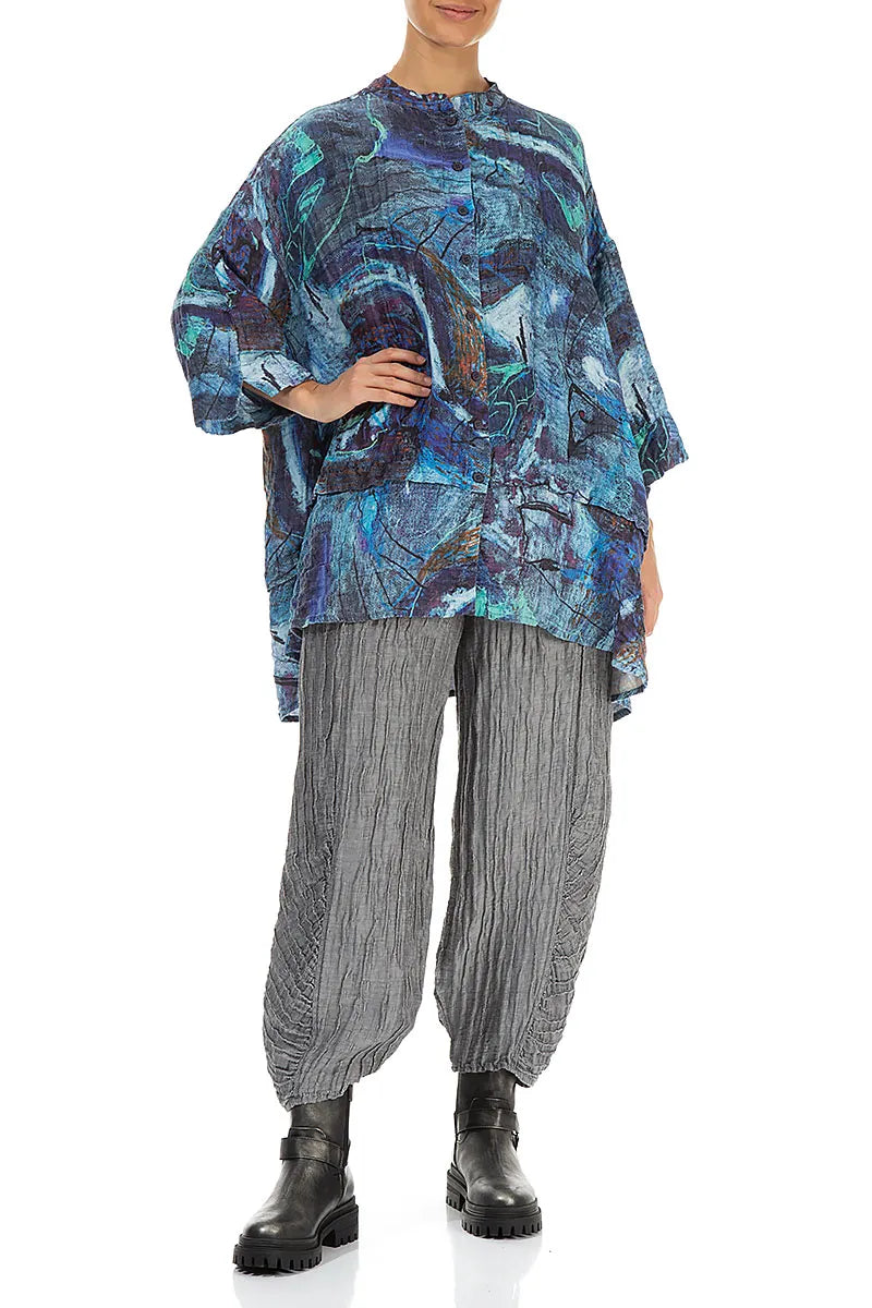 Flared Crinkled Blue Reverie Silk Shirt 4