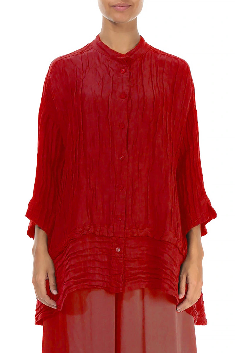 Chemise évasée en soie rouge cerise froissée