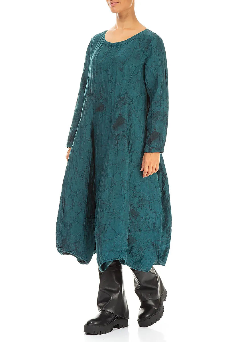 Flared Crinkled Peacock Marble Silk Linen Dress