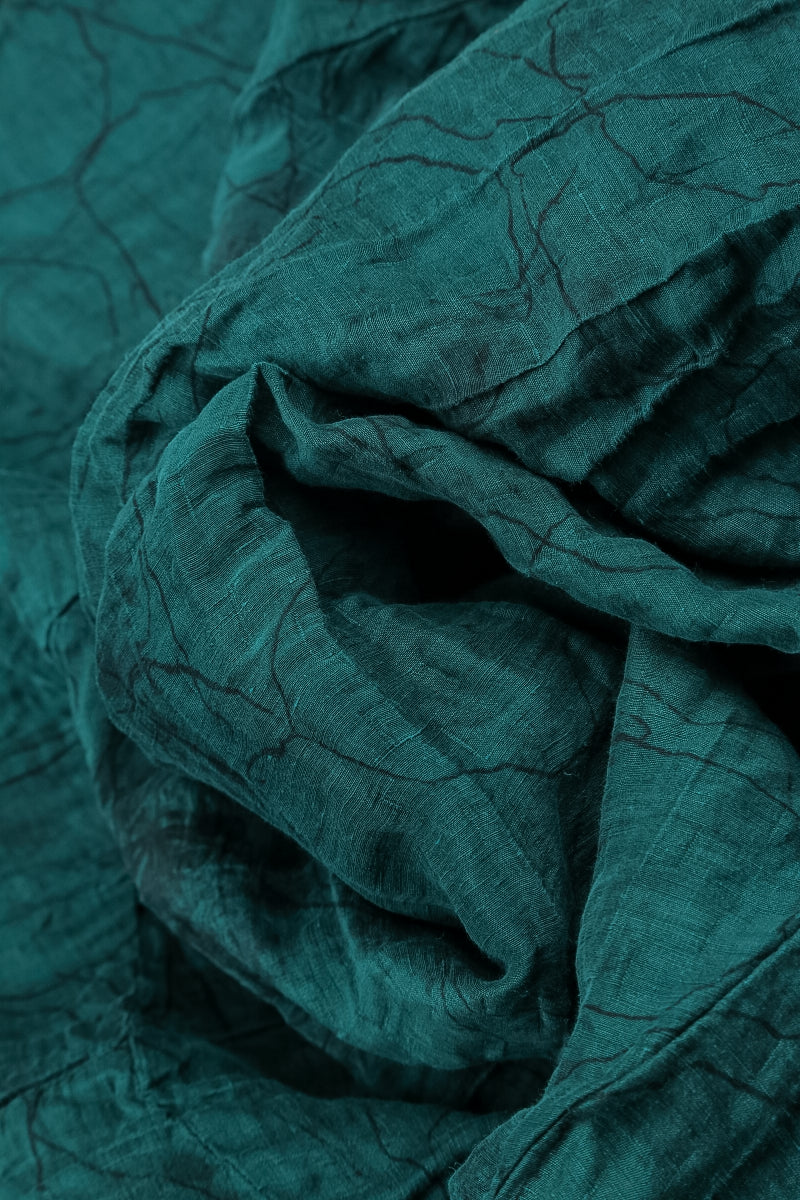 Flared Crinkled Peacock Marble Silk Linen Dress