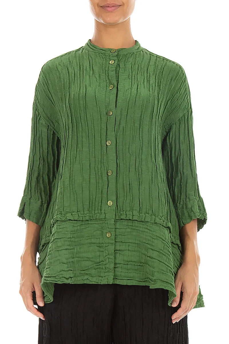 Flared Crinkled Shamrock Green Silk Linen Shirt