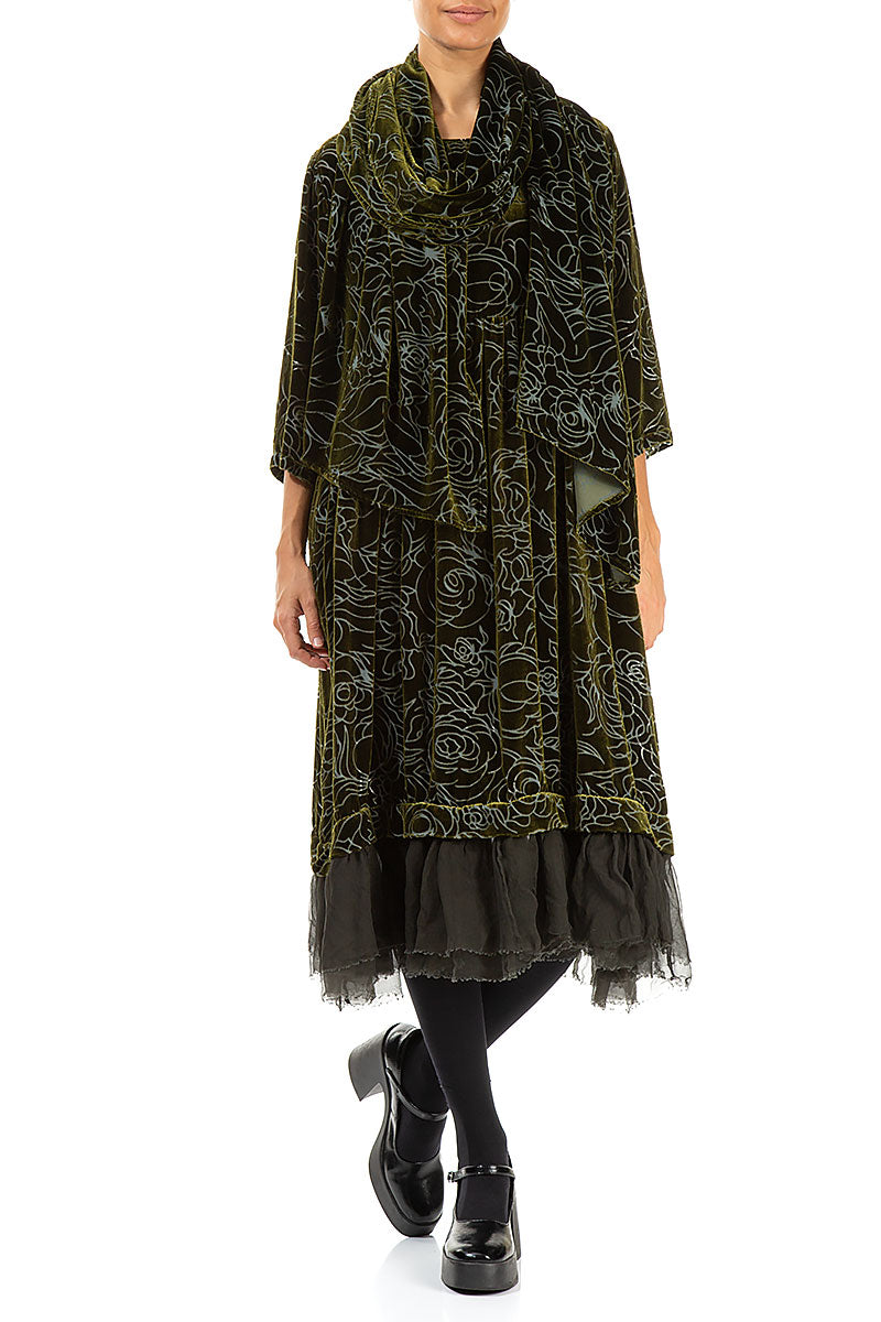 Robe évasée en velours de soie Roses Forest Mist à motif évasé