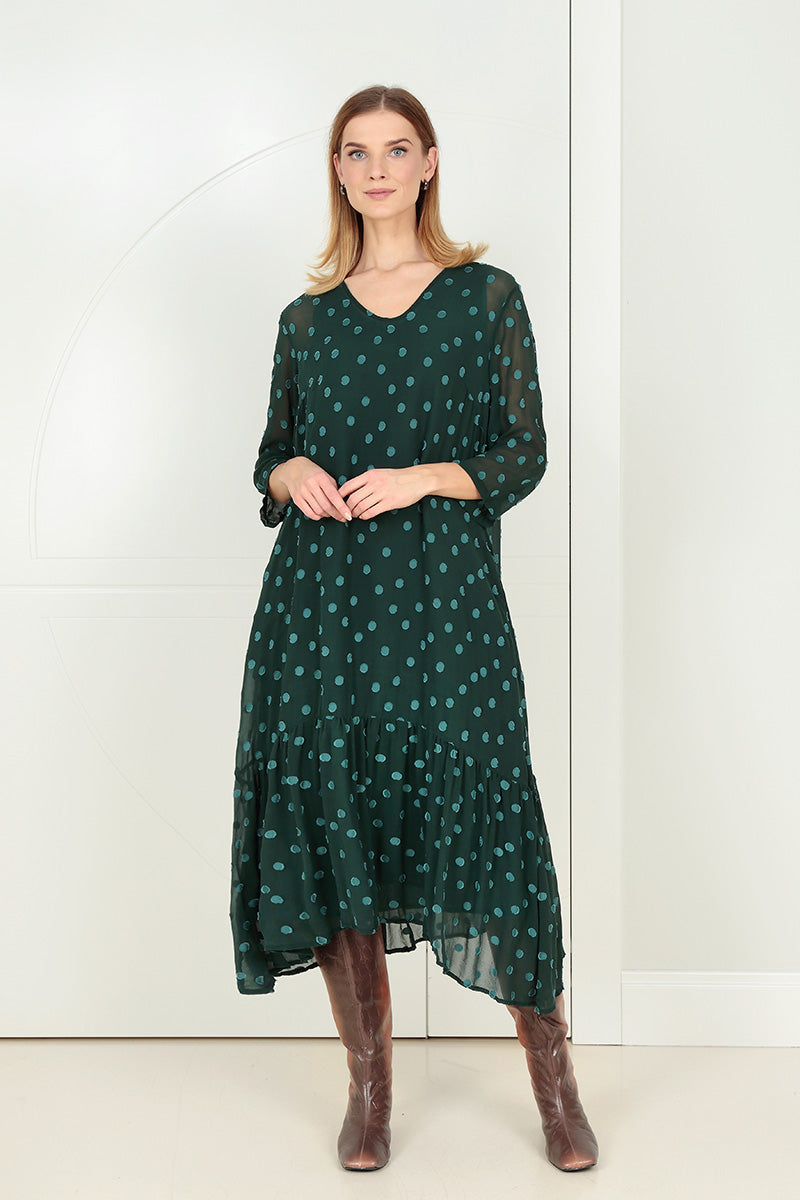 Flared Hem Peacock Dotty Silk Dress 5