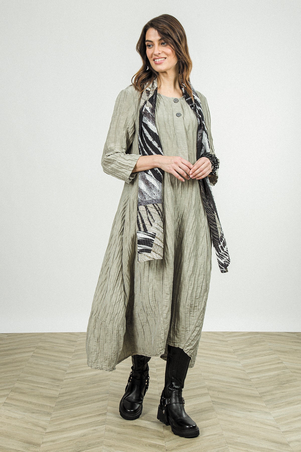 Flared Olive Grey Crinkled Silk Linen Dress 6