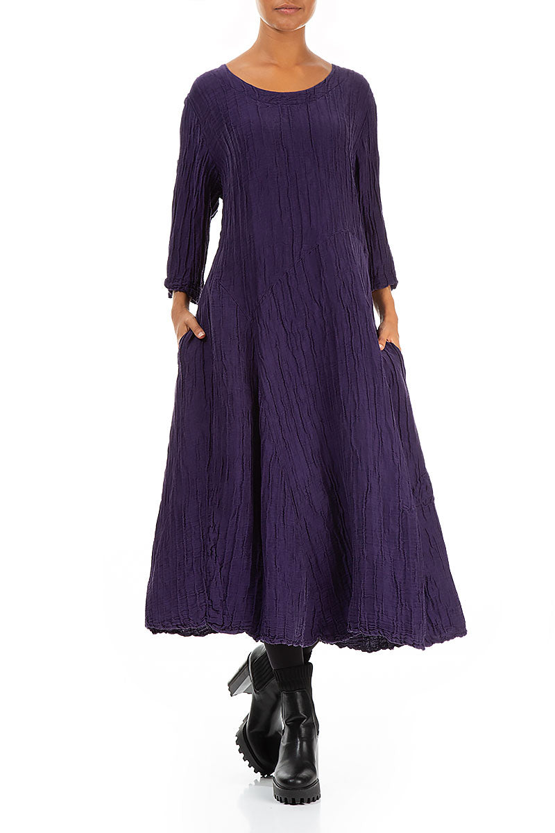 Flared Royal Purple Crinkled Silk Linen Dress 4