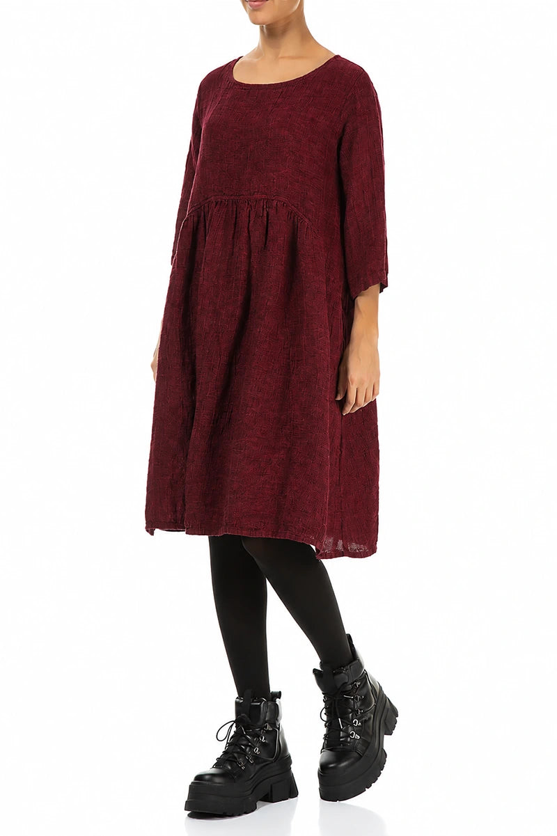 Ausgestelltes Midi-Kleid aus Leinenmischgewebe in Rubinrot-Mélange