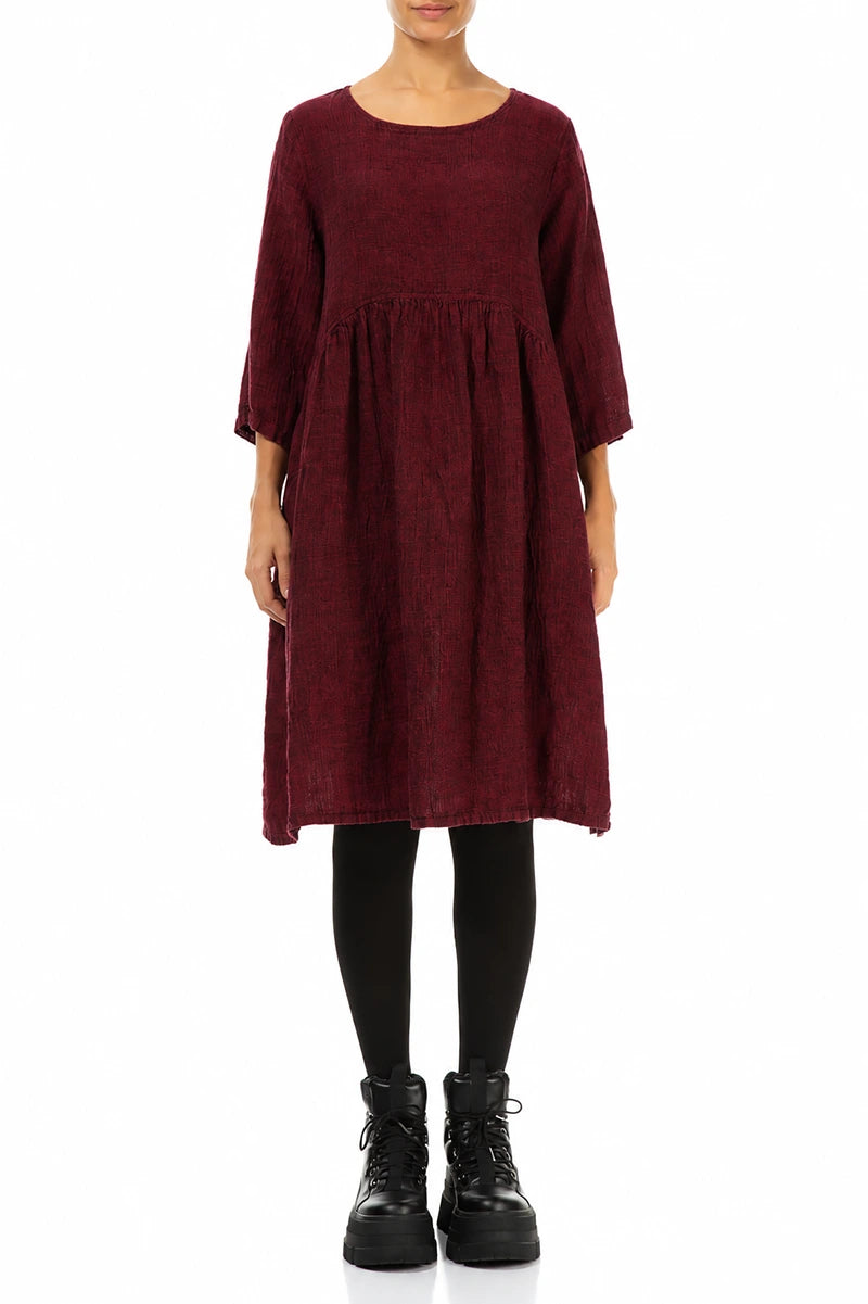 Ausgestelltes Midi-Kleid aus Leinenmischgewebe in Rubinrot-Mélange
