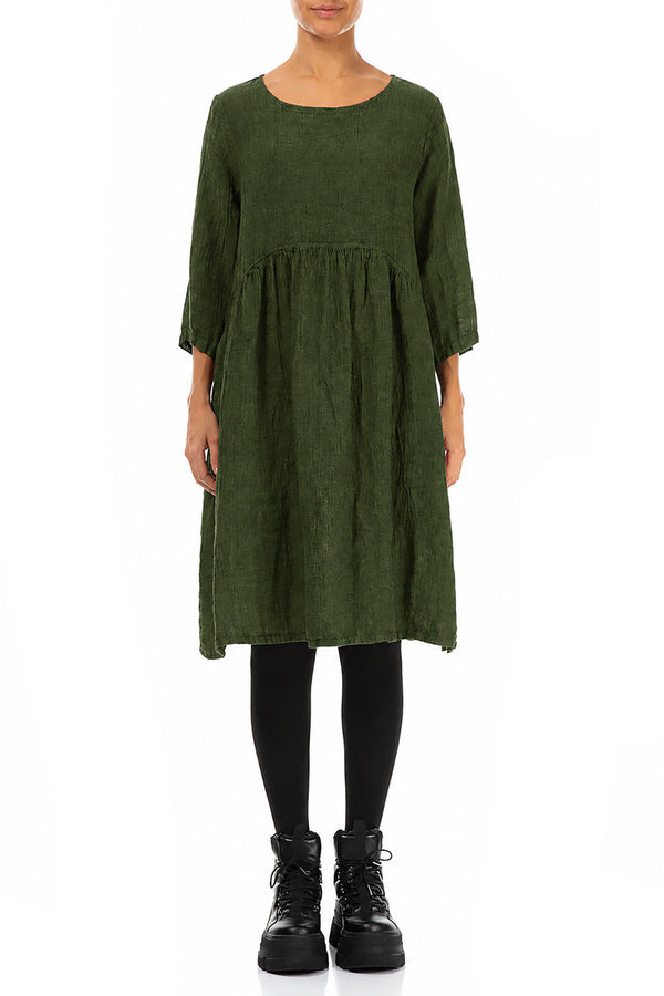 Flared Shamrock Green Mélange Linen Midi Dress 1