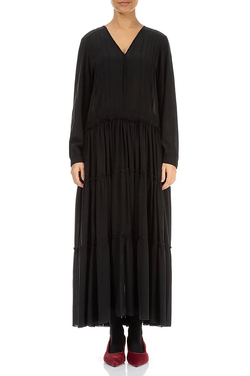 Flared Back Buttons Black Silk Dress 2