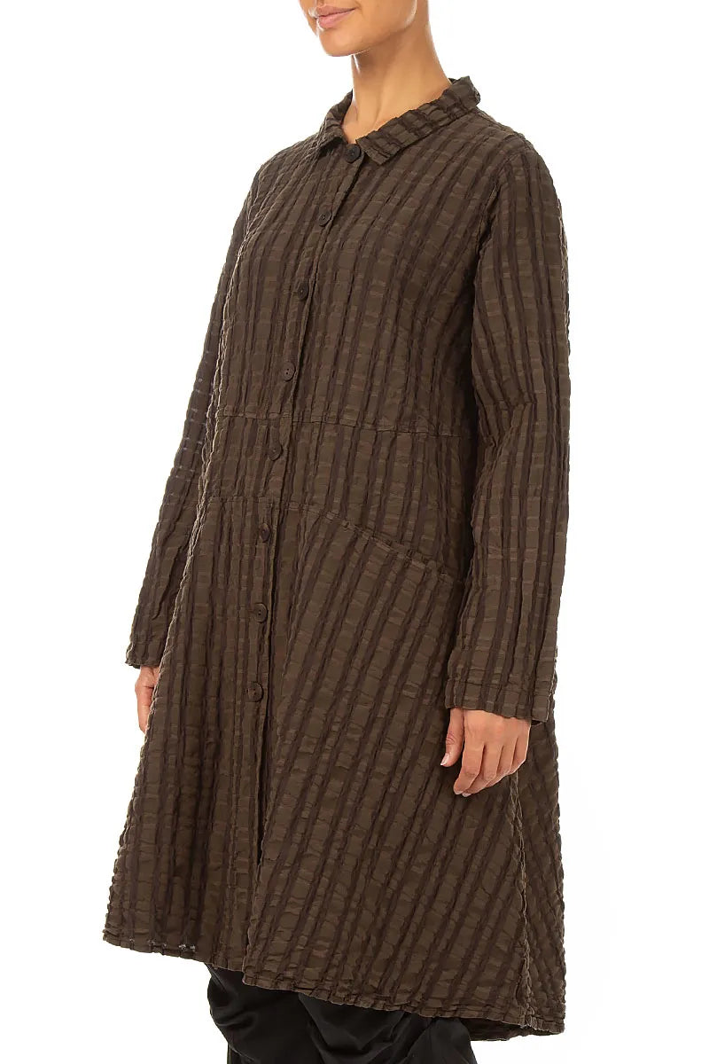 Flared Truffle Brown Checkered Linen Cotton Jacket 4