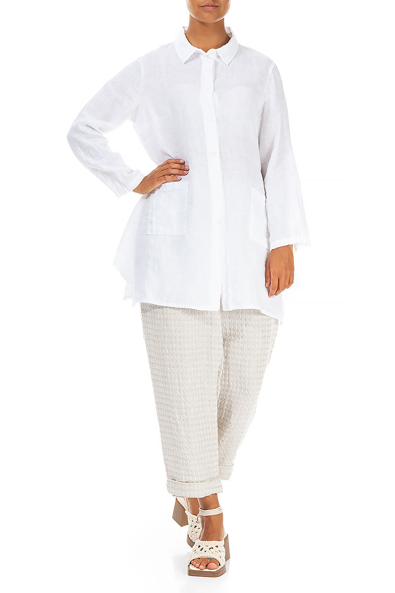 Flared Two Pockets White Linen Shirt 4