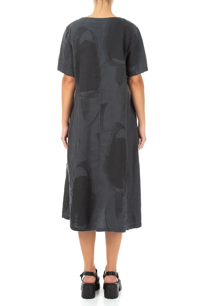 Flared V-Neck Graphite Tumbled Stone Linen Dress 2