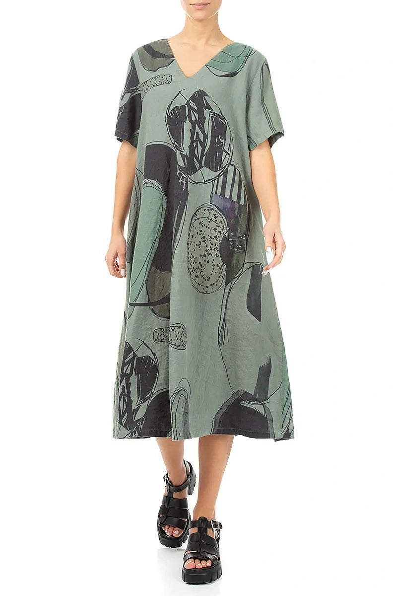 Flared V-Neck Sage Tumbled Stone Linen Dress 4