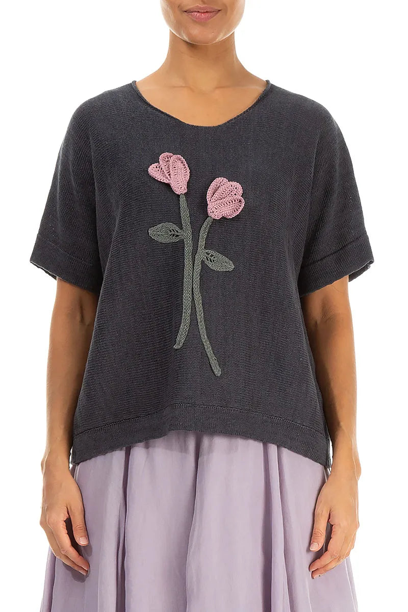 Floral Detail Graphite Linen Knit Blouse 2