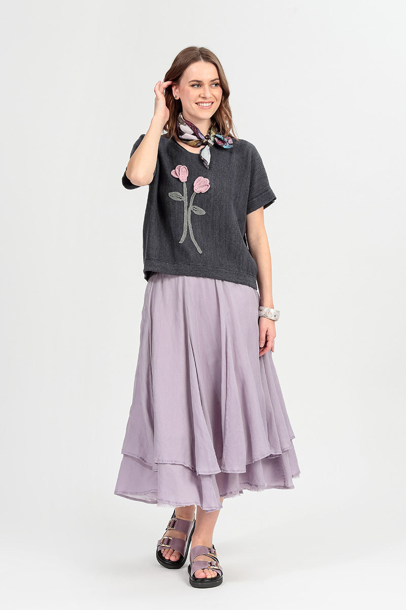 Floral Detail Graphite Linen Knit Blouse 7