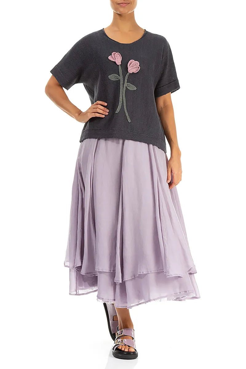 Floral Detail Graphite Linen Knit Blouse 5