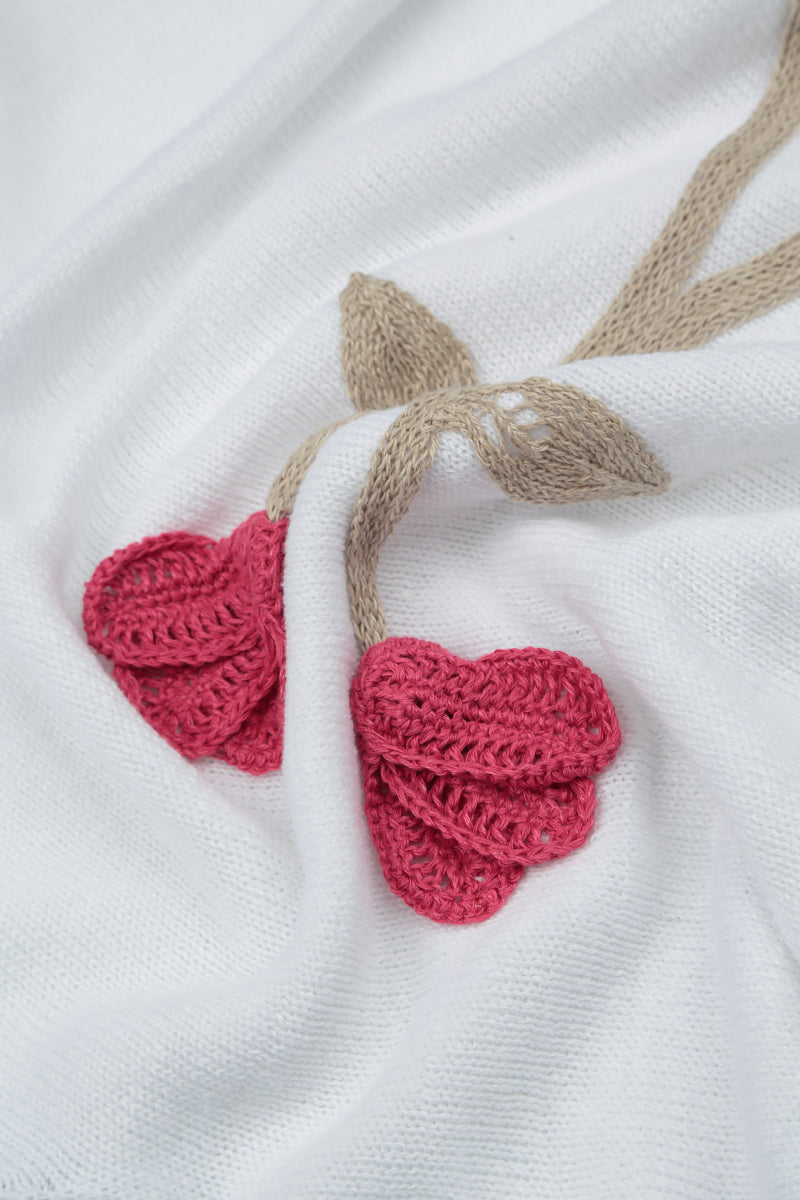 Floral Detail White Linen Knit Blouse 5