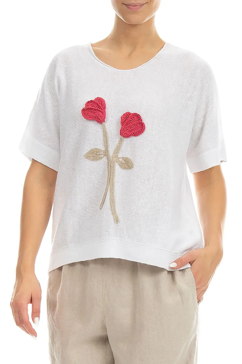 Floral Detail White Linen Knit Blouse 3