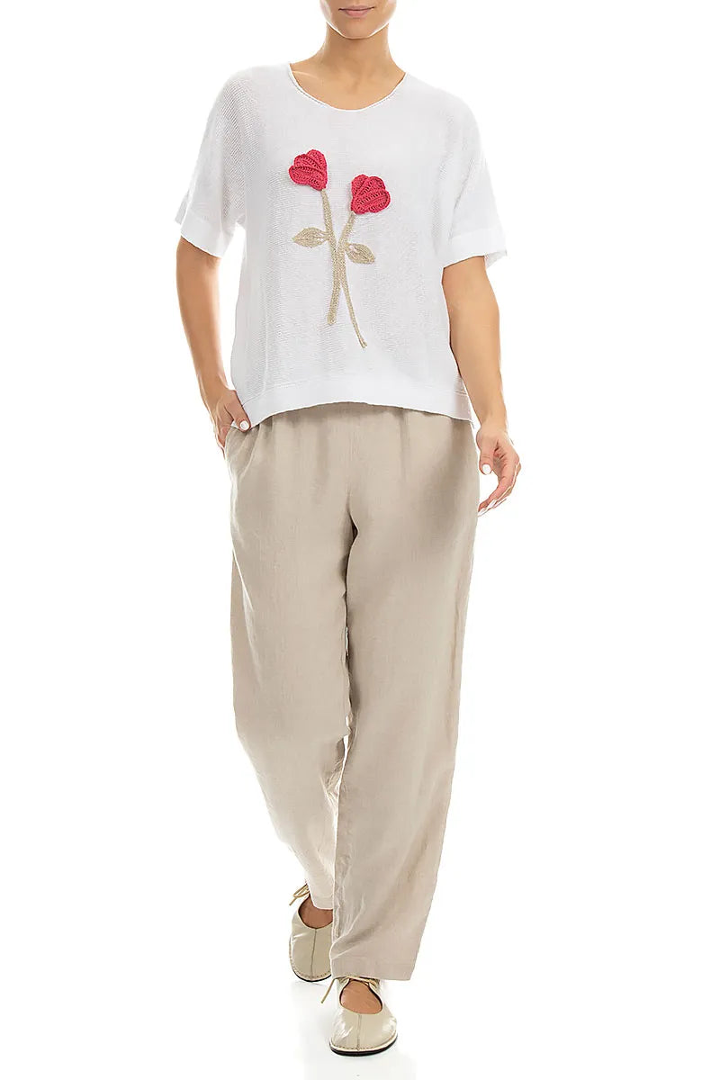 Floral Detail White Linen Knit Blouse 4