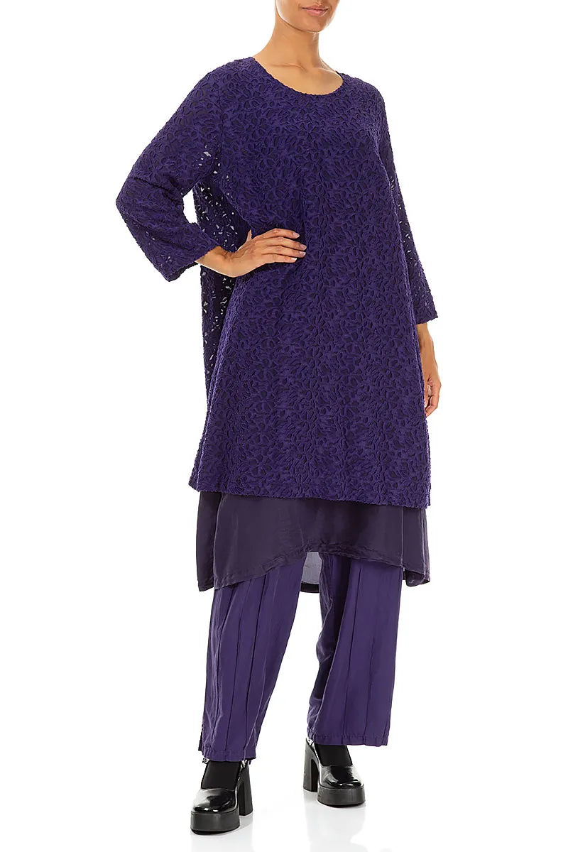 Floral Texture Layered Royal Purple Silk Dress 4