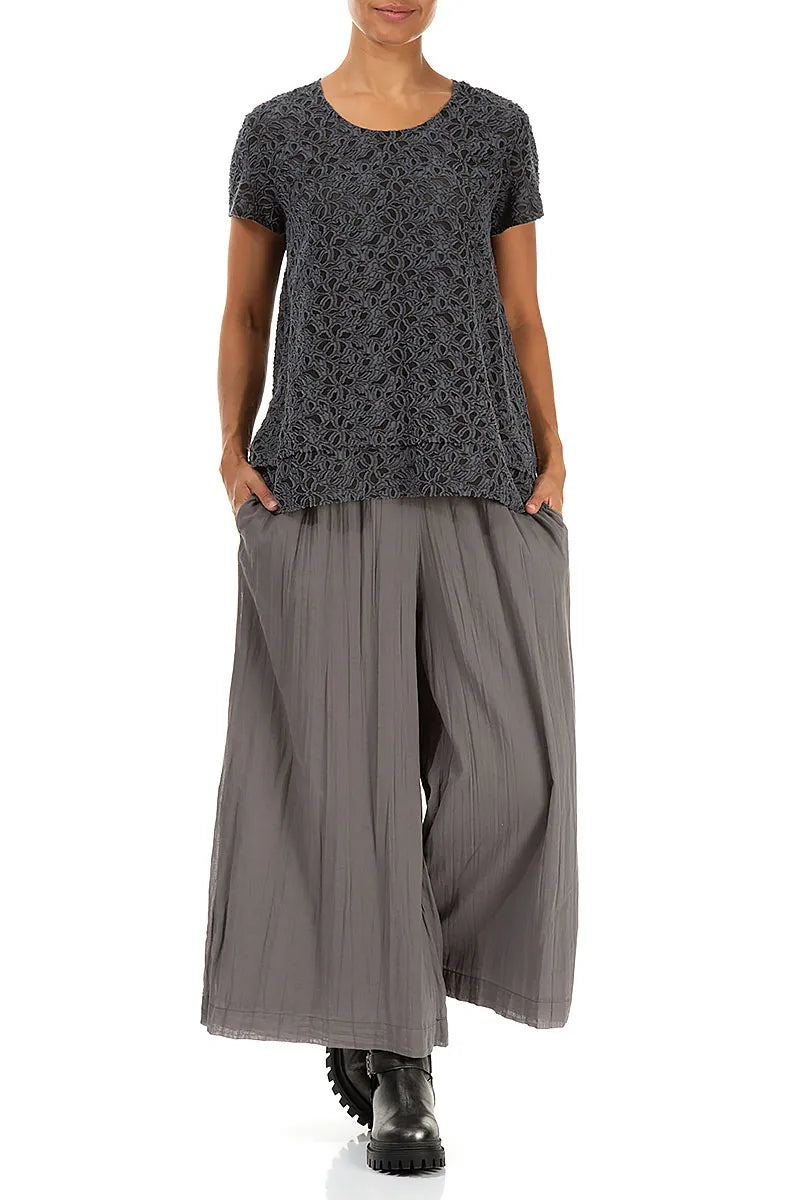 Floral Texture Slate Blue Silk Blouse 4