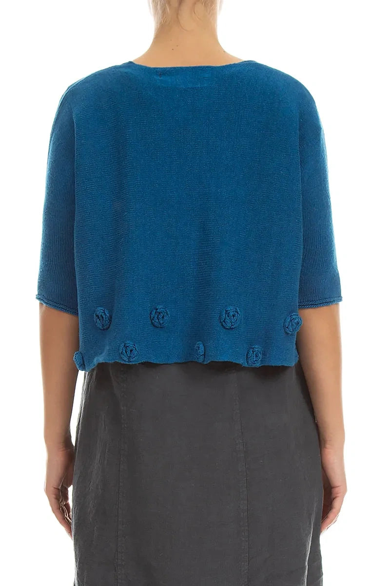 Flowers Decorated Cobalt Blue Linen Jumper