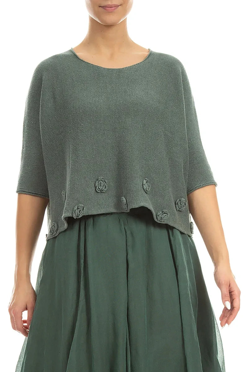Flowers Decorated Sage Linen Jumper