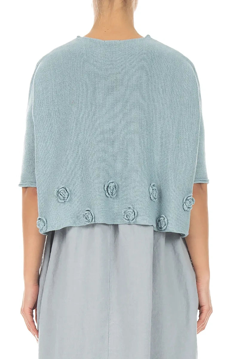 Flowers Decorated Sky Blue Linen Jumper