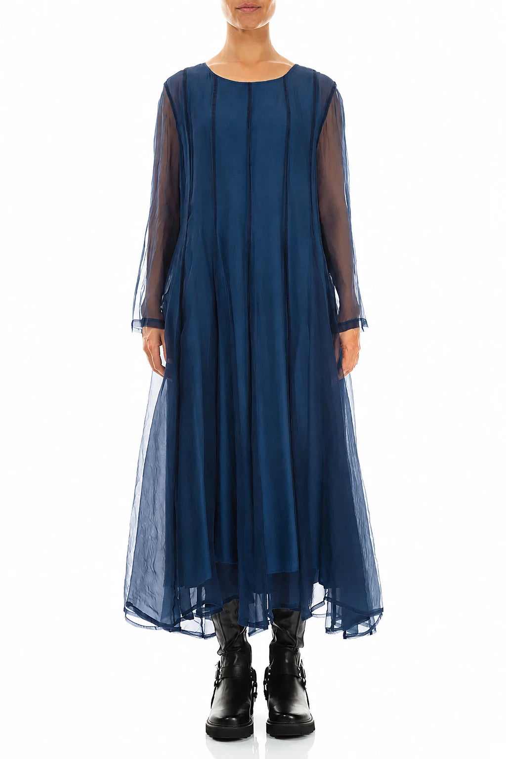 Fließendes azurblaues Seiden-Chiffonkleid