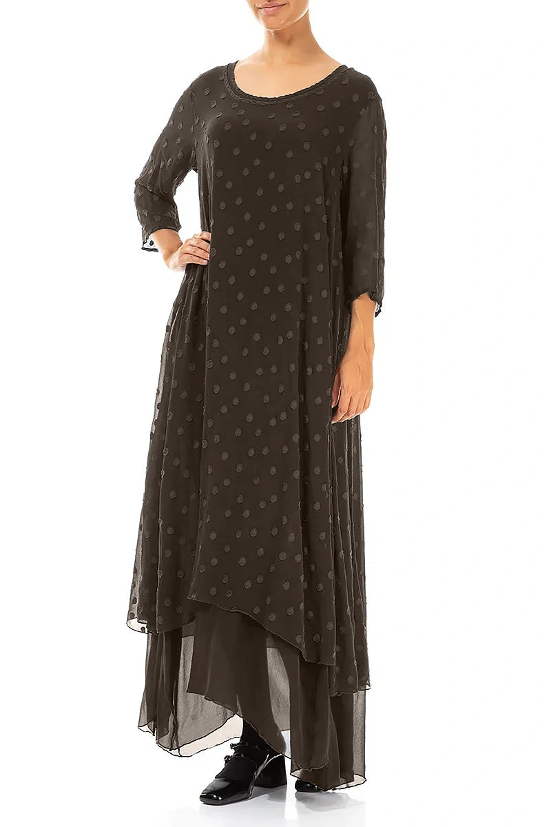 Forest Brown Dotty Silk Maxi Dress 4
