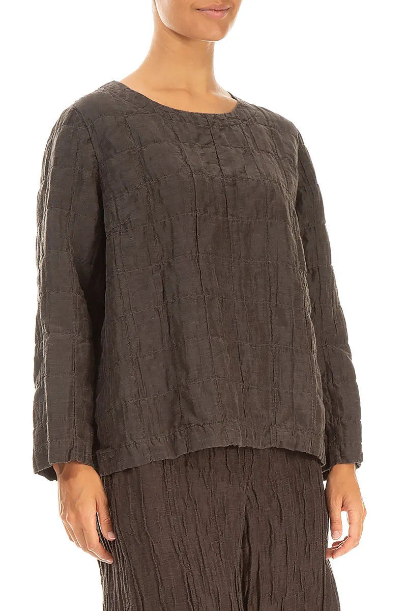 Forest Brown Pleated Silk Linen Blouse 3