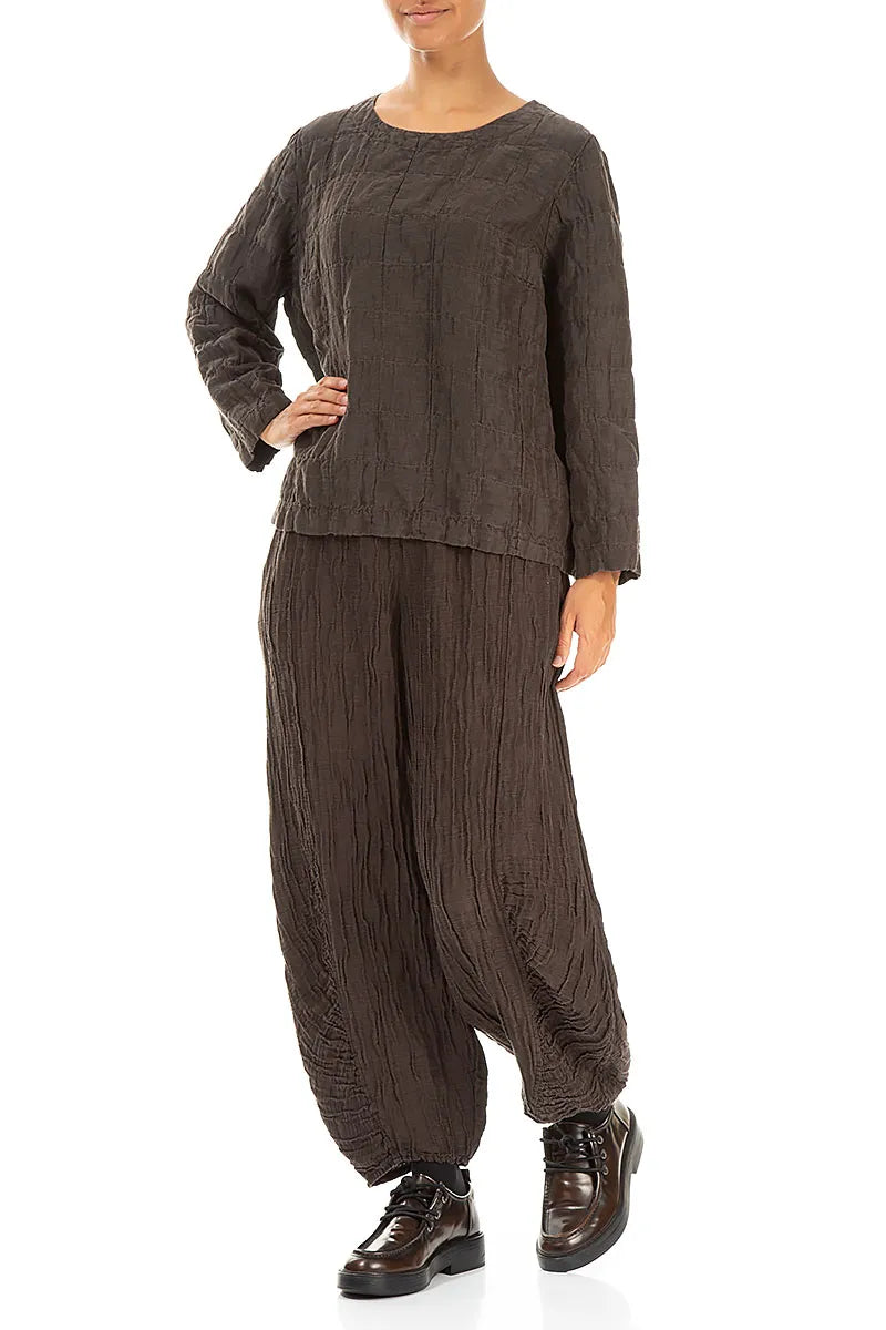 Forest Brown Pleated Silk Linen Blouse 4