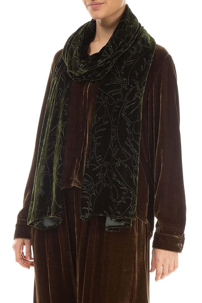 Forest Mist Devoré Feather Silk Velvet Scarf 3