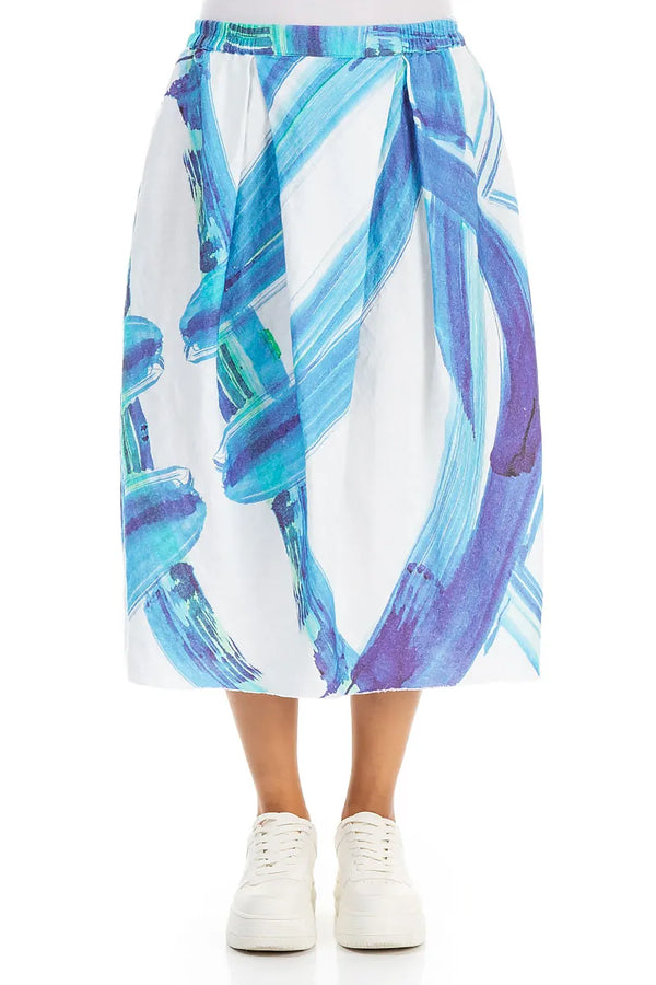 Frayed Hem Blue Brushstroke Linen Skirt