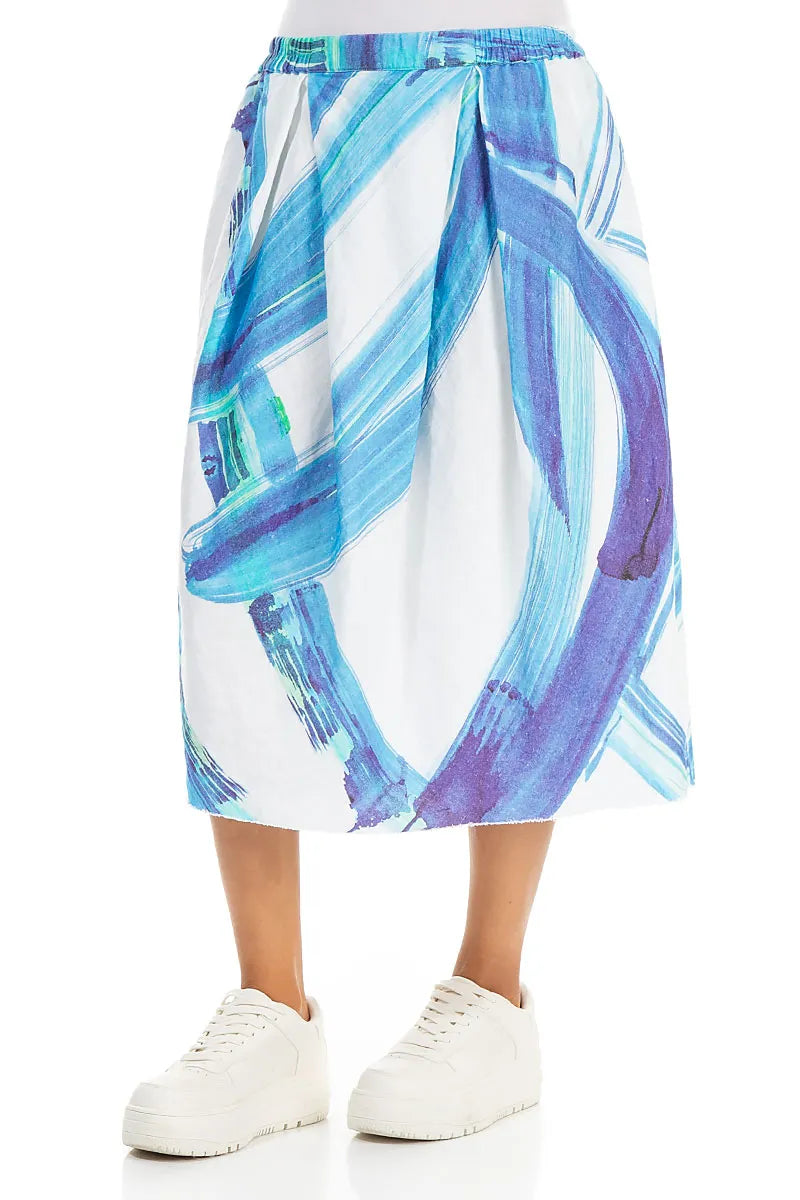 Frayed Hem Blue Brushstroke Linen Skirt