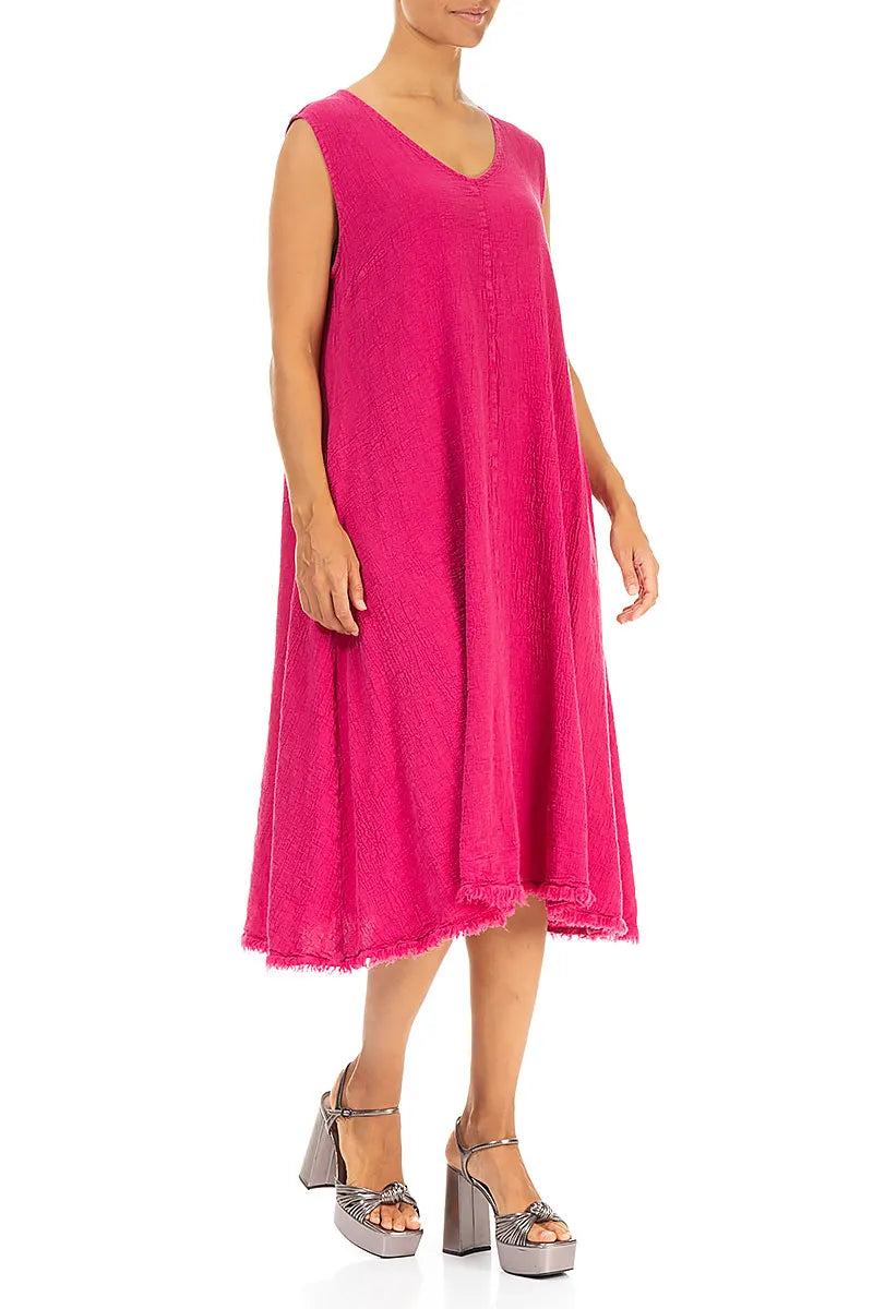 Frayed Hem Fuchsia Linen Viscose Dress 3