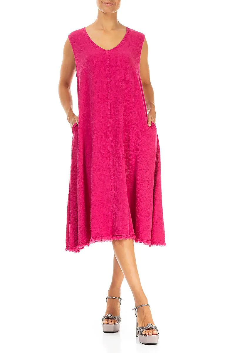 Frayed Hem Fuchsia Linen Viscose Dress 4