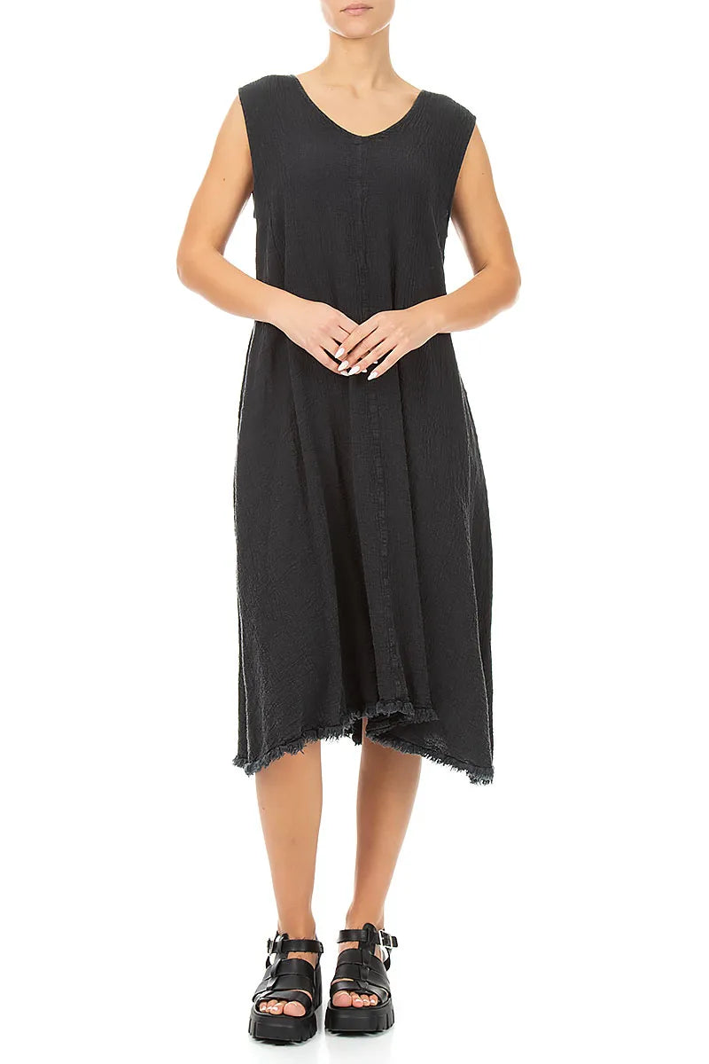 Kleid aus graphitfarbenem Leinen-Viskose mit ausgefranstem Saum