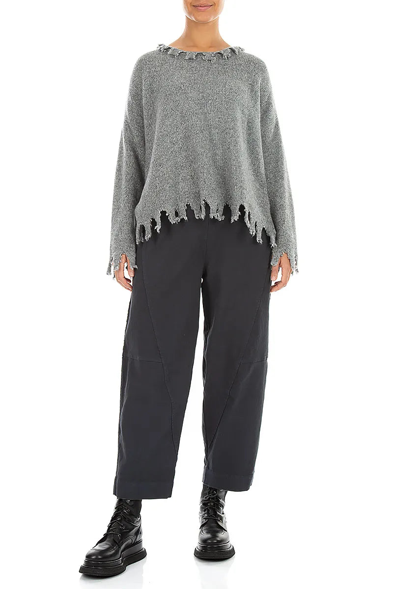 Frayed Hem Light Grey Mélange Cashmere Sweater 4