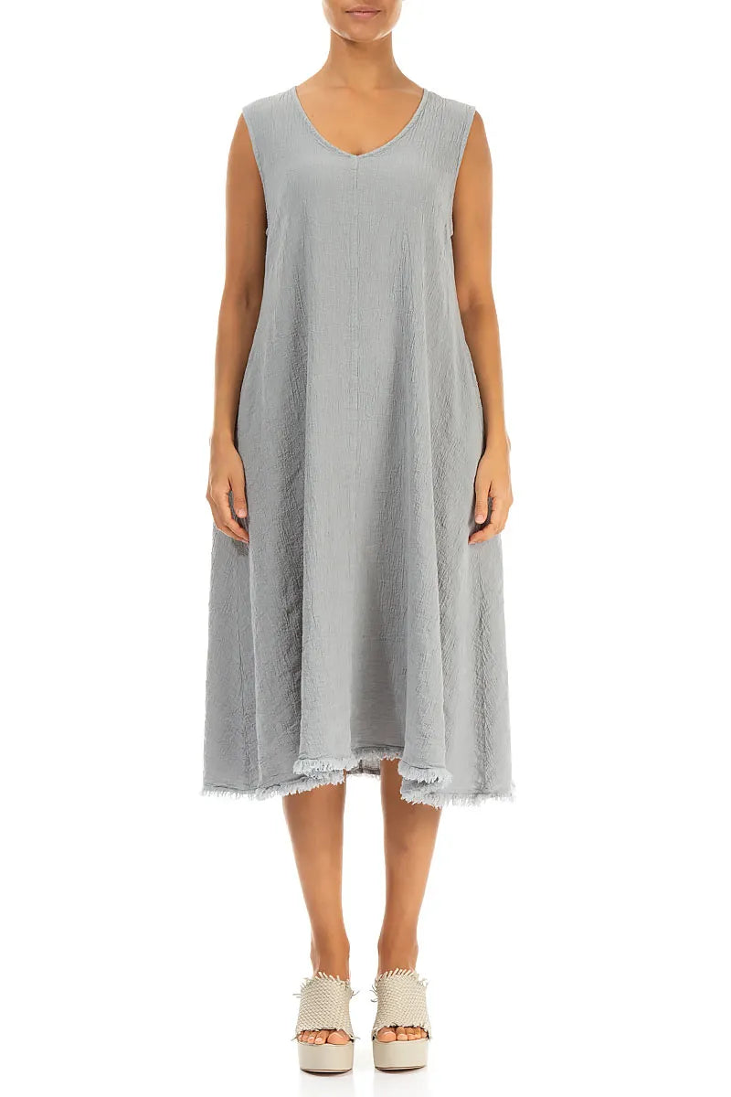 Frayed Hem Silver Grey Linen Viscose Dress